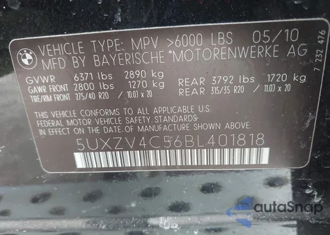 2011 BMW X5 xDrive35I/xDrive35I Premium/xDrive35I Sport Activity z USA, uszkodzony, nr VIN 5UXZV4C56BL401818